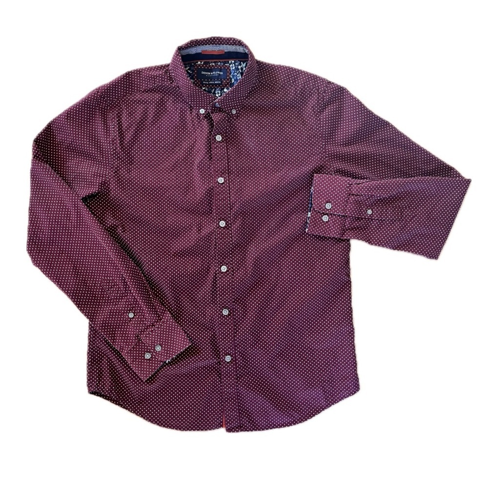 Denim & Flower Slim Fit Button Up Shirt Men's Sz M Burgundy Contrast Cuff Cotton